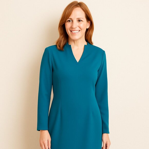 Henry-Lee Teal Long Sleeve Maxi Dress Women’s Notched V-Neck Classic Elegant - Picture 1 of 13